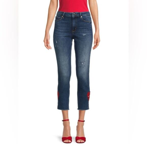 Love Moschino Jeans High Rise Heart Patch Cropped Blue Cotton Womens 31 - Picture 1 of 12